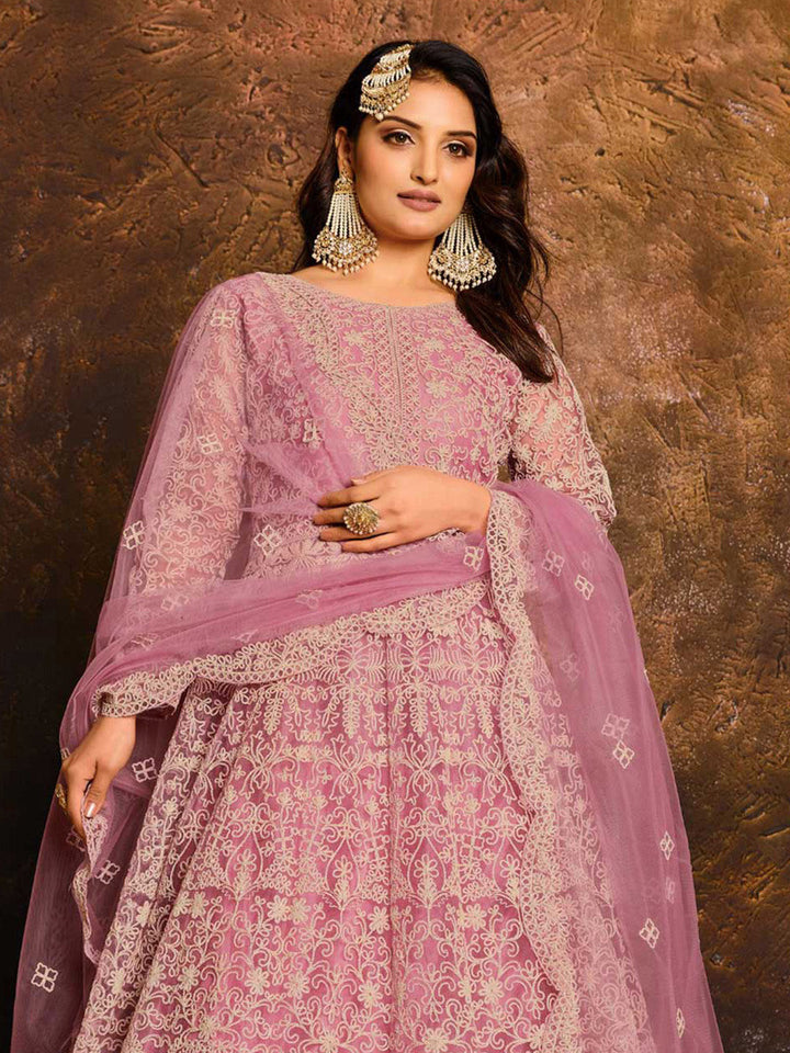 Embroidered Net Semi Stitched Kurta With Pant &amp; Dupatta
