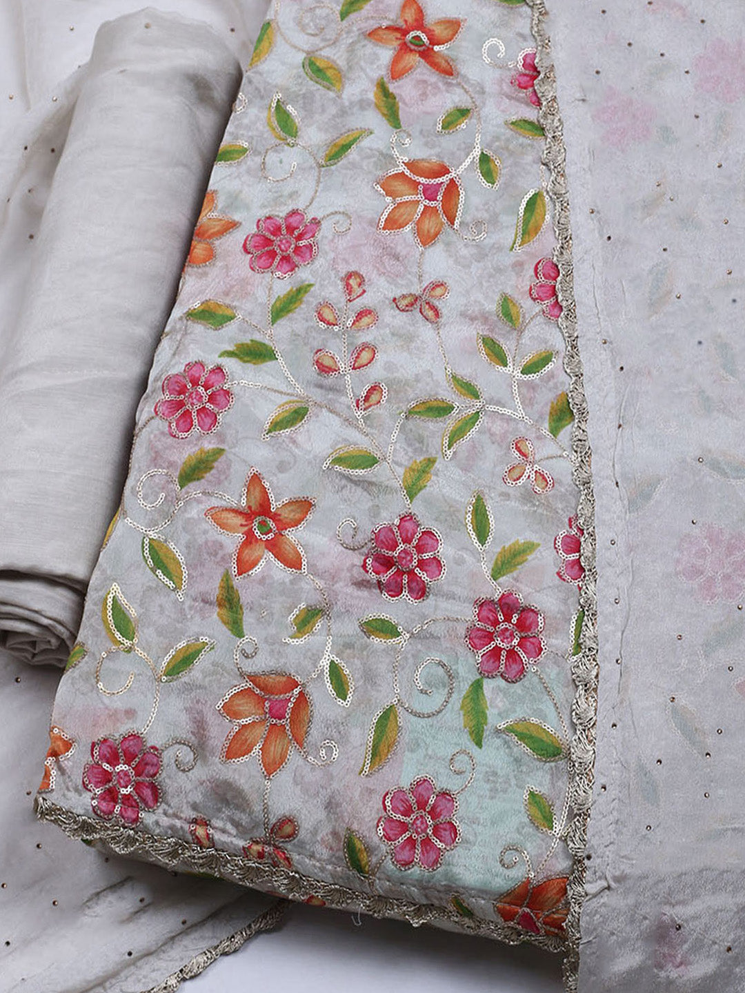 Neck Embroidered Chinnon Unstitched Suit With Dupatta