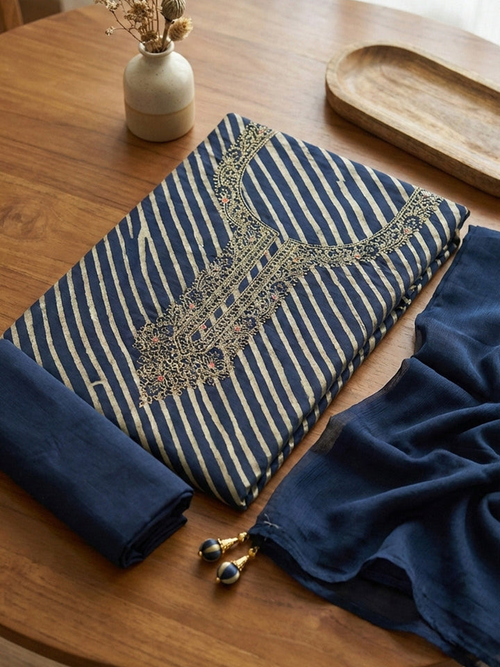 Printed Cotton Blend Unstitched Suit With Pant &amp; Dupatta