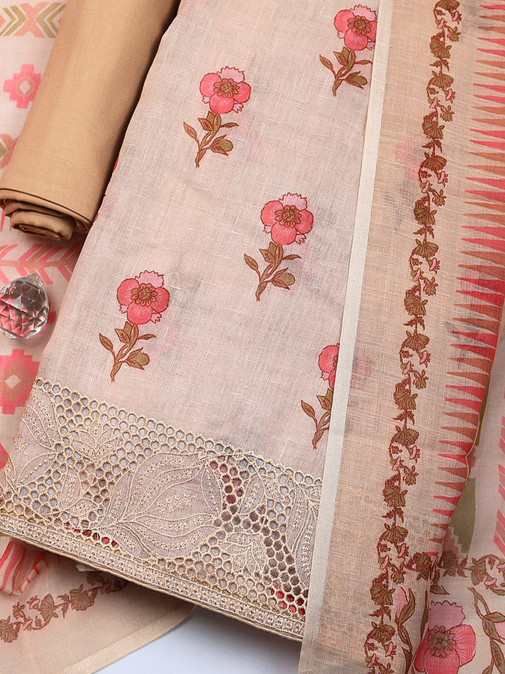 Embroidered Linen Blend Unstitched Suit With Pant &amp; Dupatta