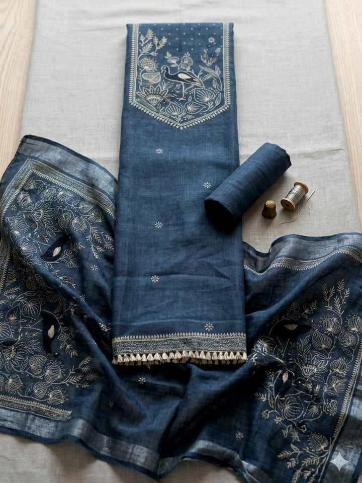 Embroidered Linen Blend Unstitched Suit With Pant &amp; Dupatta