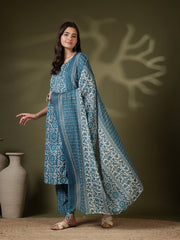 Printed Cotton Blend Kurta With Pant & Dupatta