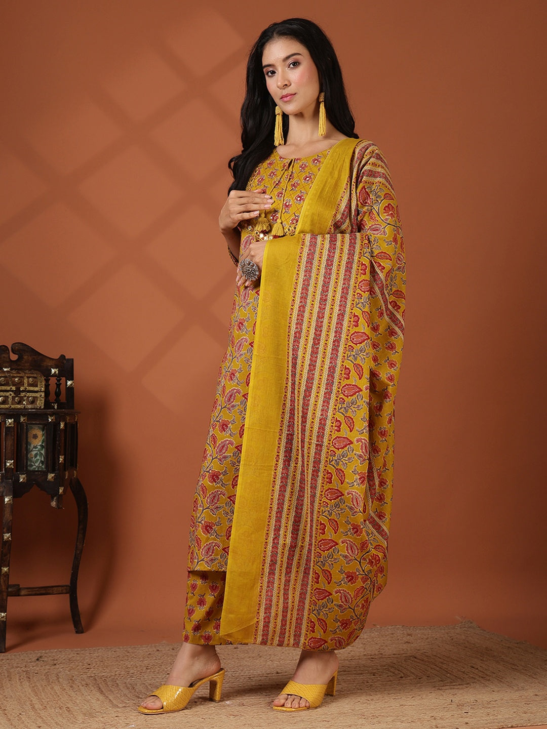 Printed Cotton Blend Kurta With Pant &amp; Dupatta