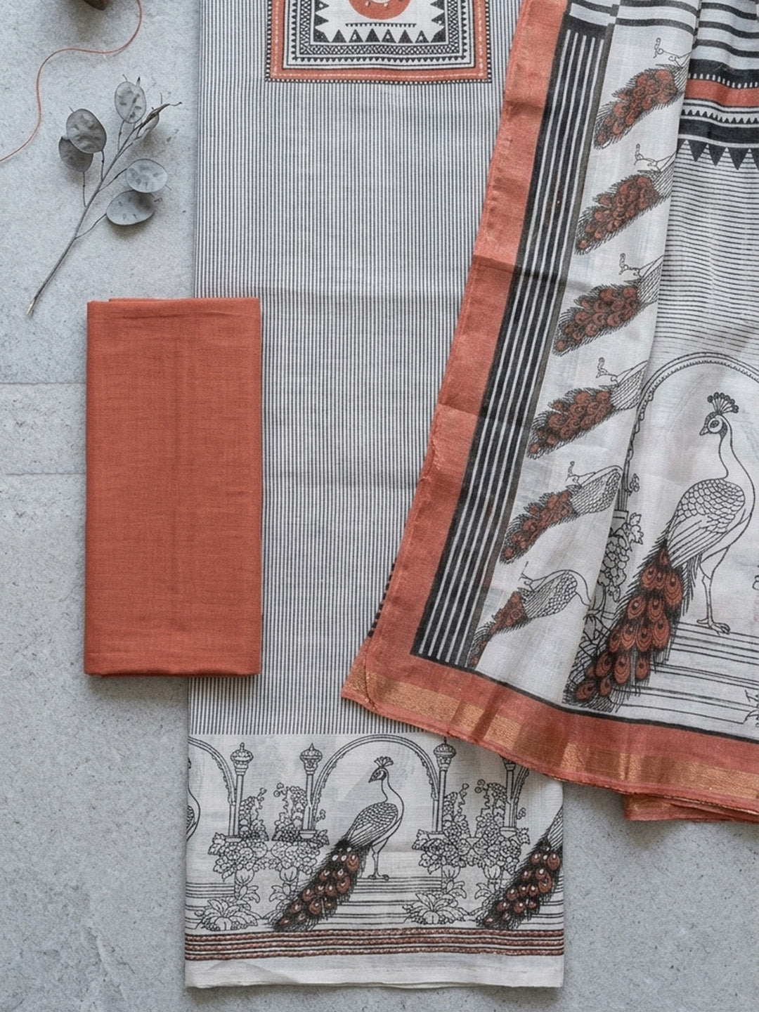 Embroidered Linen Blend Unstitched Suit With Pant &amp; Dupatta