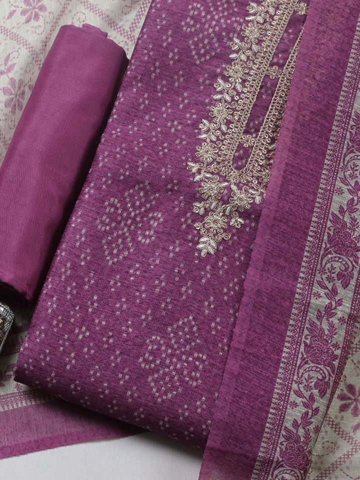 Embroidered Chanderi Unstitched Suit With Pant &amp; Dupatta