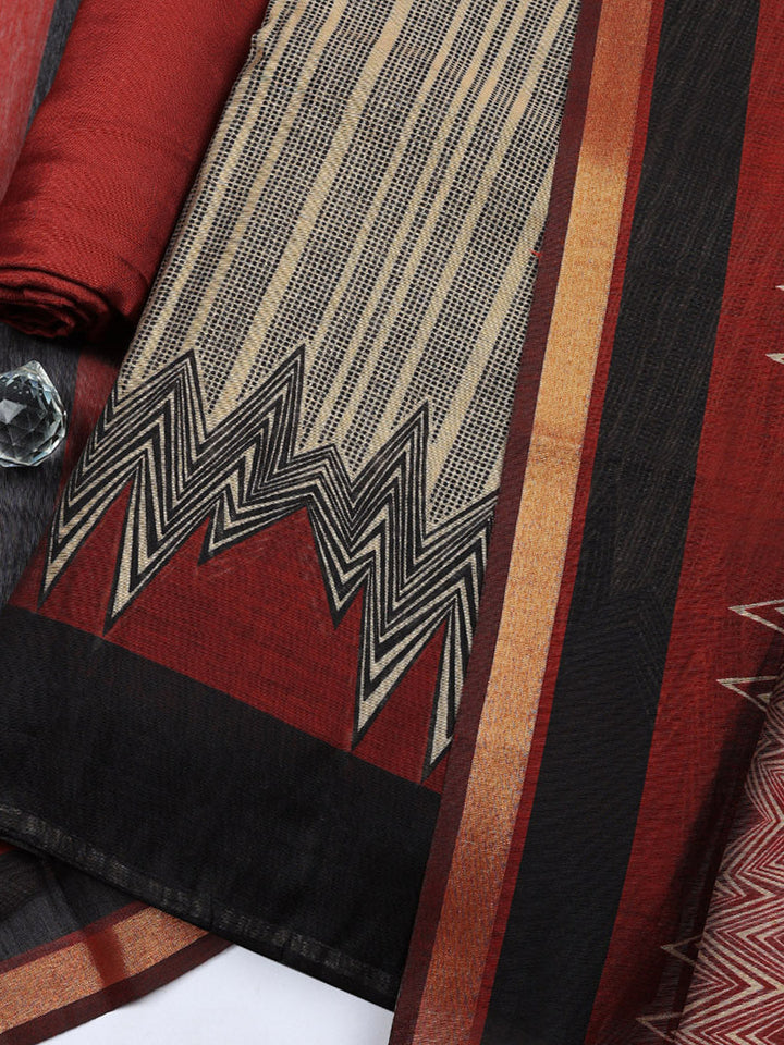 Printed Chanderi Unstitched Suit With Pant &amp; Dupatta