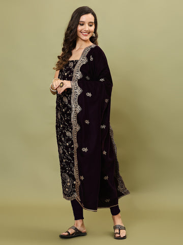 Embroidered Velvet Unstitched Suit Piece With Dupatta