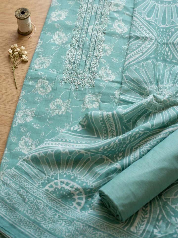 Printed Cotton Blend Unstitched Suit With Pant &amp; Dupatta