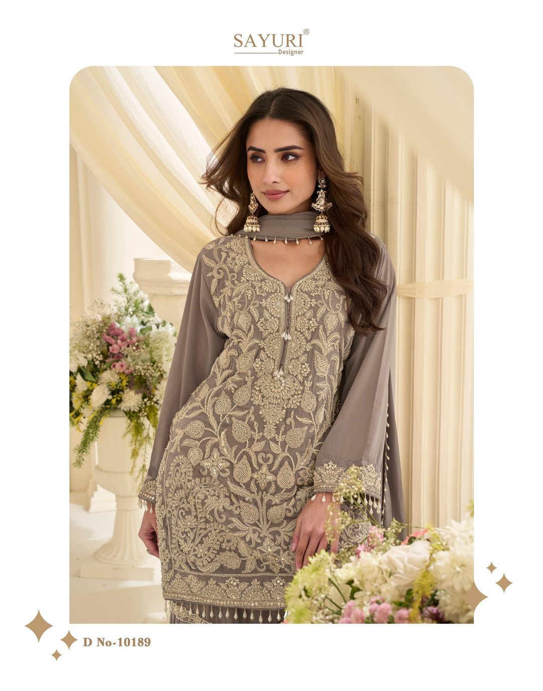 Grey Georgette Embroidered Kurta With Sharara &amp; Dupatta