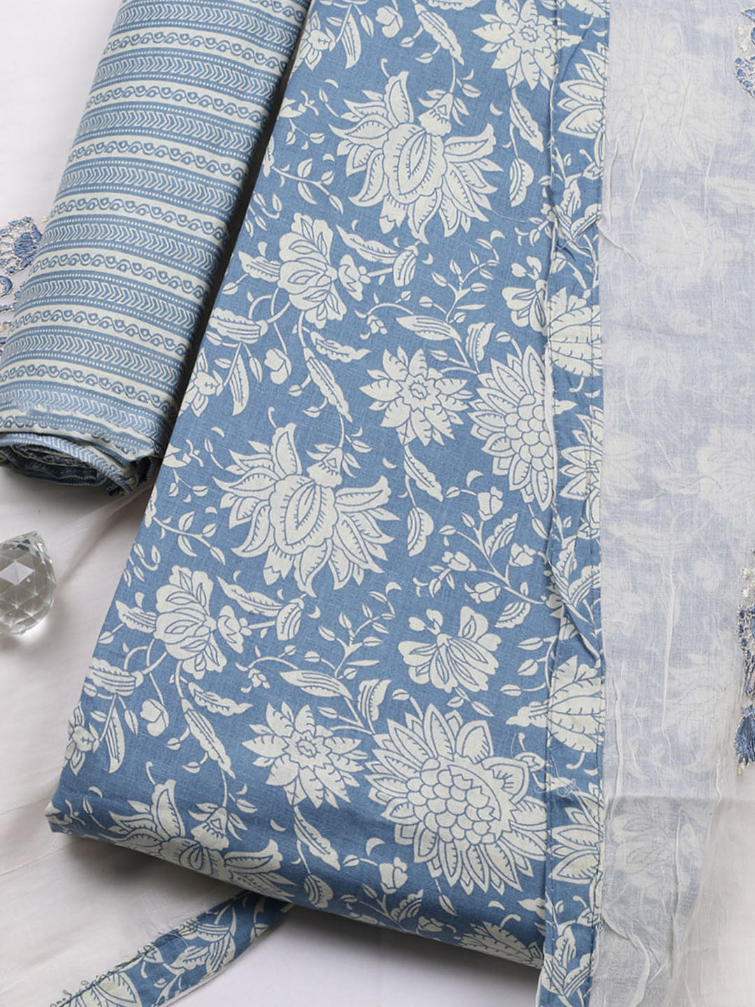Printed Cotton Blend Unstitched Suit With Pant &amp; Dupatta