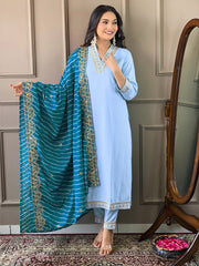 Resham Zari Embroidered Handloom  Kurta With Pant & Dupatta