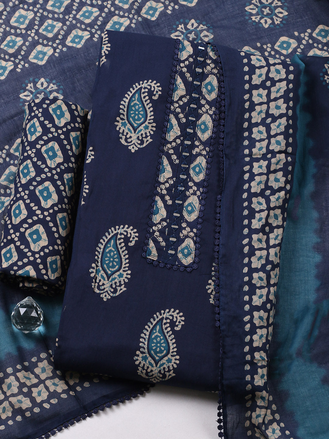 Embroidered Cotton Blend Unstitched Suit With Pant Dupatta