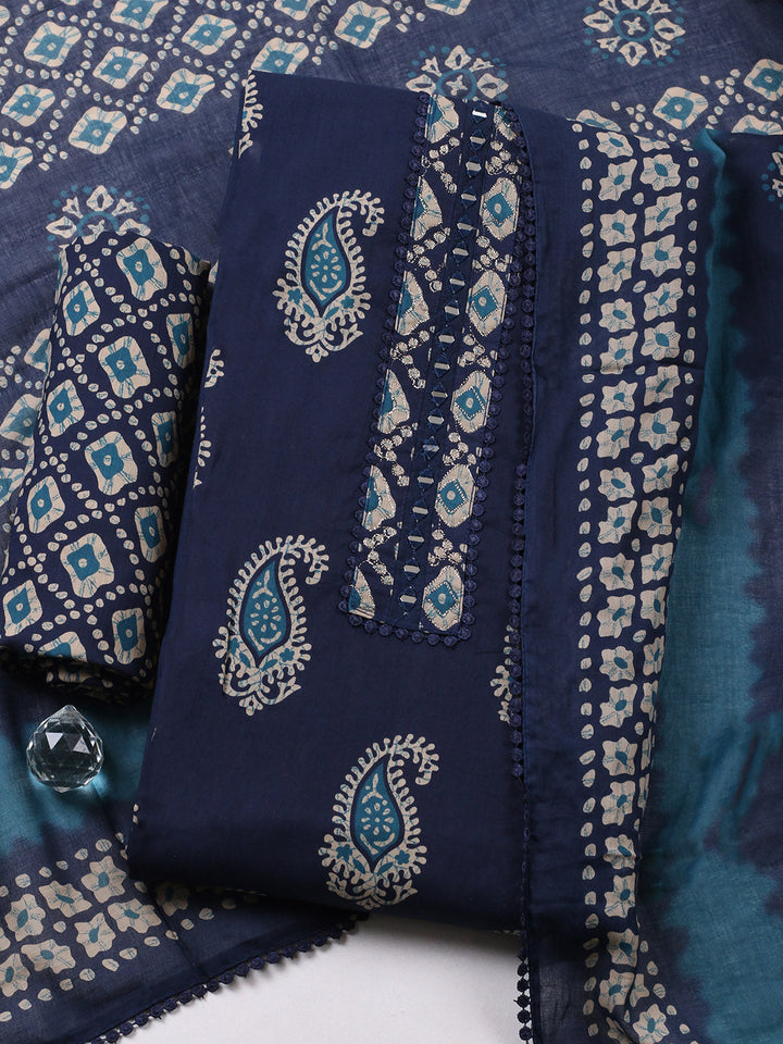 Embroidered Cotton Blend Unstitched Suit With Pant Dupatta