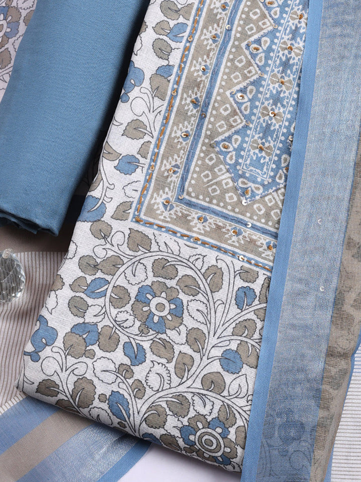 Printed Linen Blend Unstitched Suit With Pant &amp; Dupatta