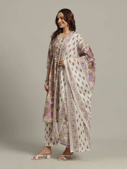 Floral Printed Cotton Blend Anarkali Kurta With Pants & Dupatta