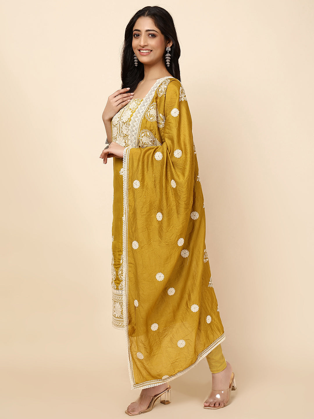 Thread Embroidery Cotton Blend Unstitched Suit With Dupatta