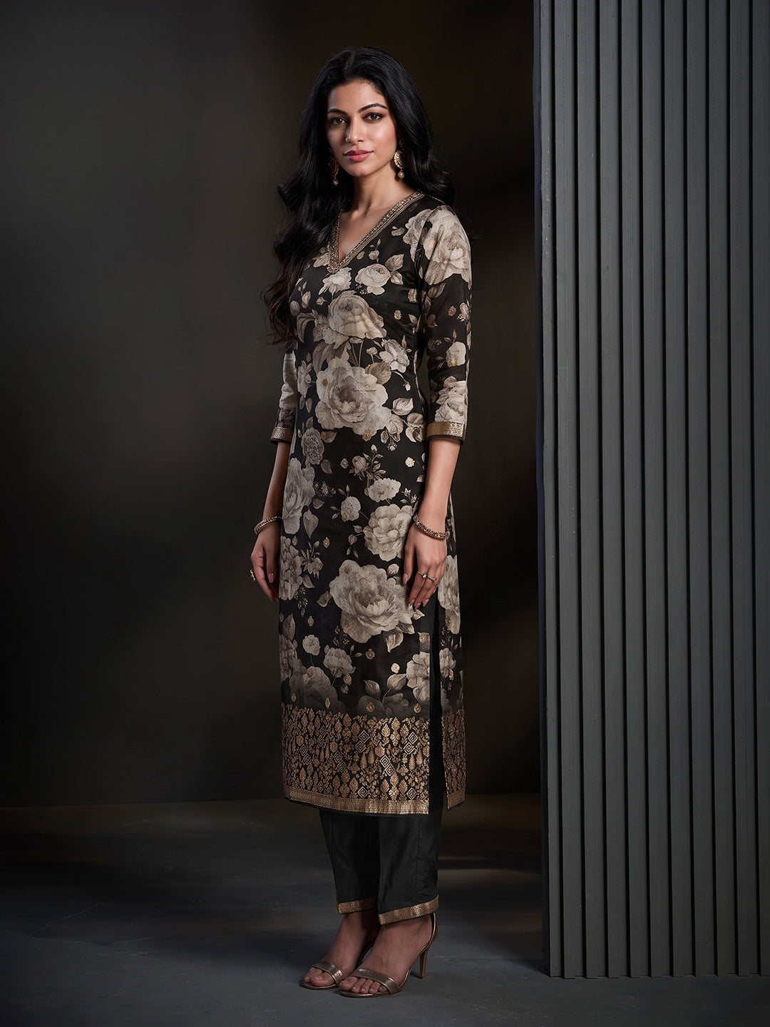 Black Printed Art Silk Kurta With Pant &amp; Dupatta