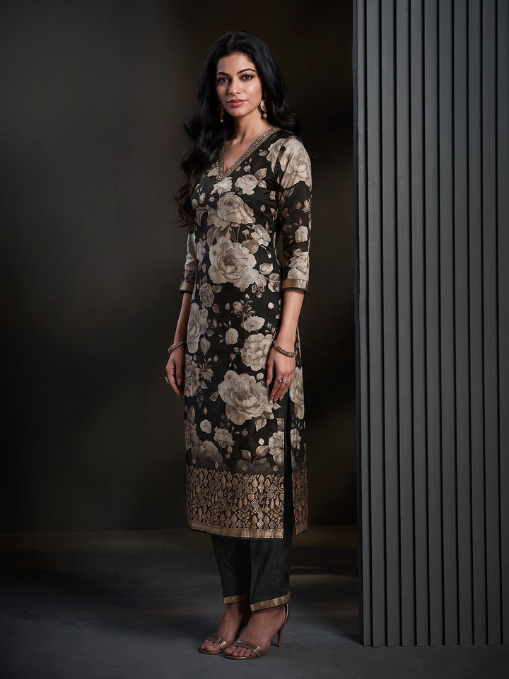 Black Printed Art Silk Kurta With Pant &amp; Dupatta