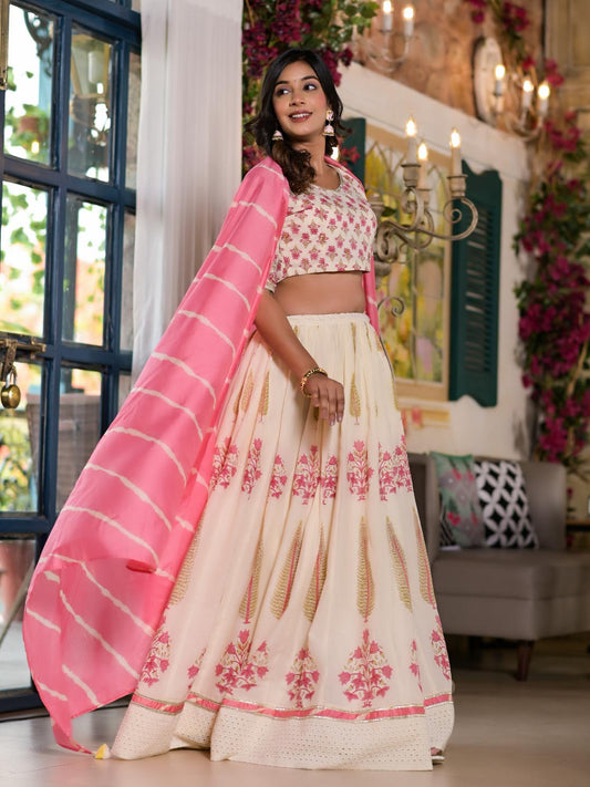 Floral Printed Cotton Choli With Lehenga & Dupatta