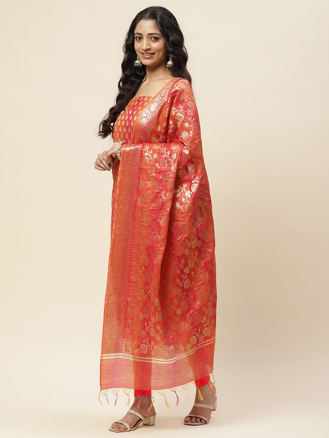 Rust Woven Design Chanderi Unstitched Dress Material