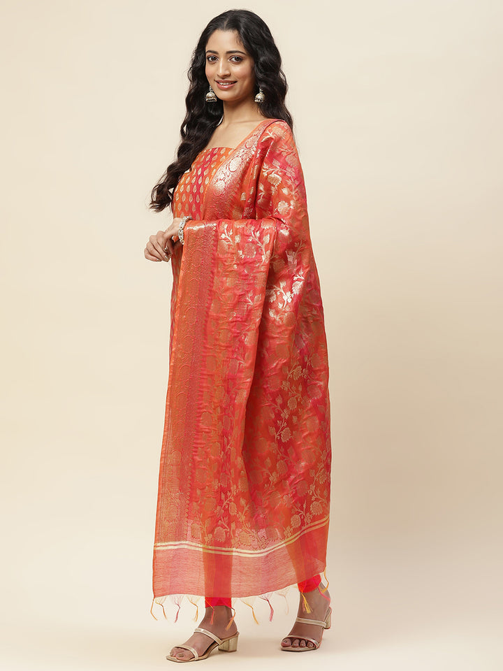 Rust Woven Design Chanderi Unstitched Dress Material