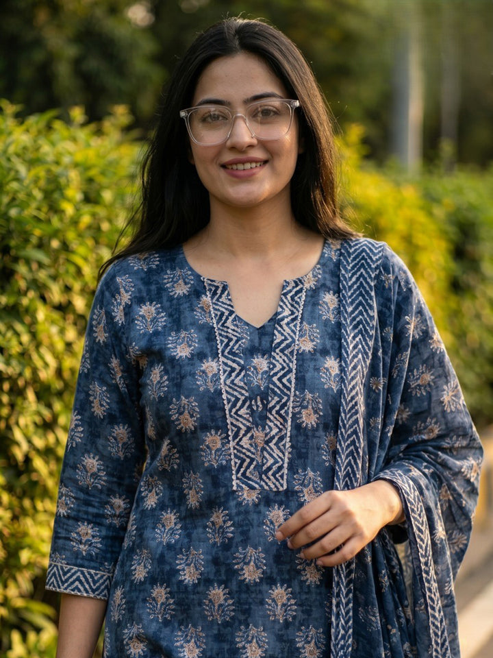 Blue Printed Cotton Blend Straight V Neck Suit Set