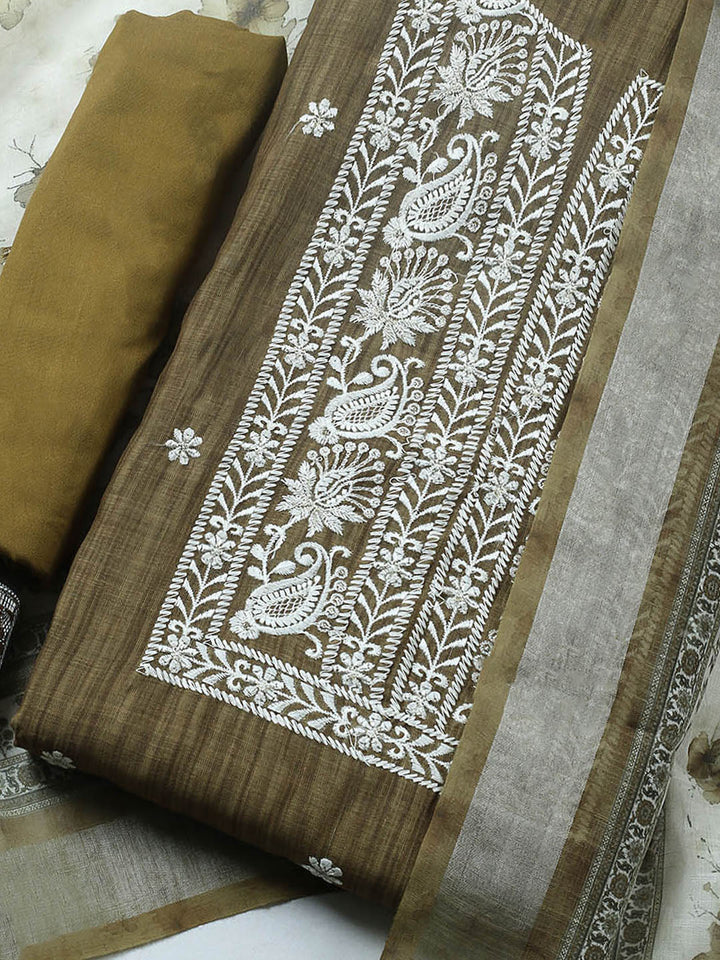 Embroidered Linen Blend Unstitched Suit With Pant &amp; Dupatta