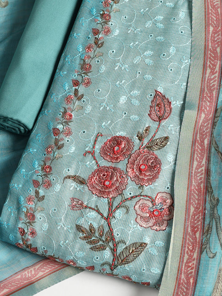 Neck Embroidered Chanderi Unstitched Suit With Dupatta