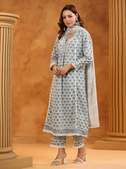 Printed Cotton Blend Kurta With Pants & Dupatta