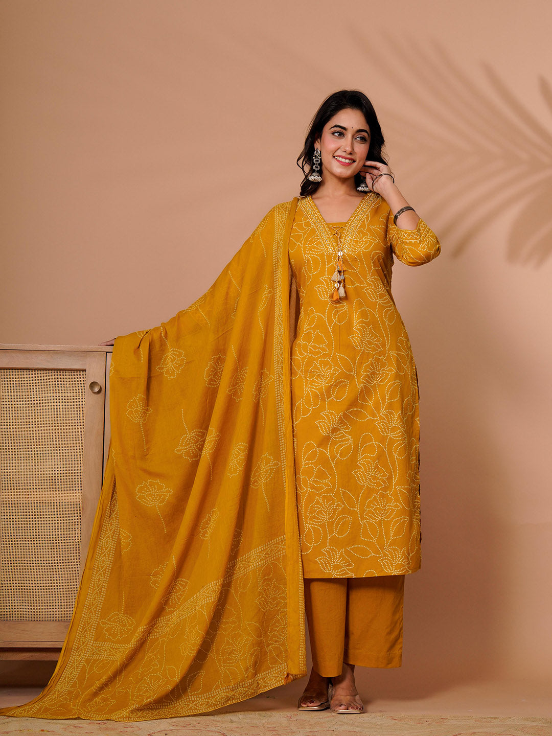 Yellow Cotton Blend Printed Straight Suit Set