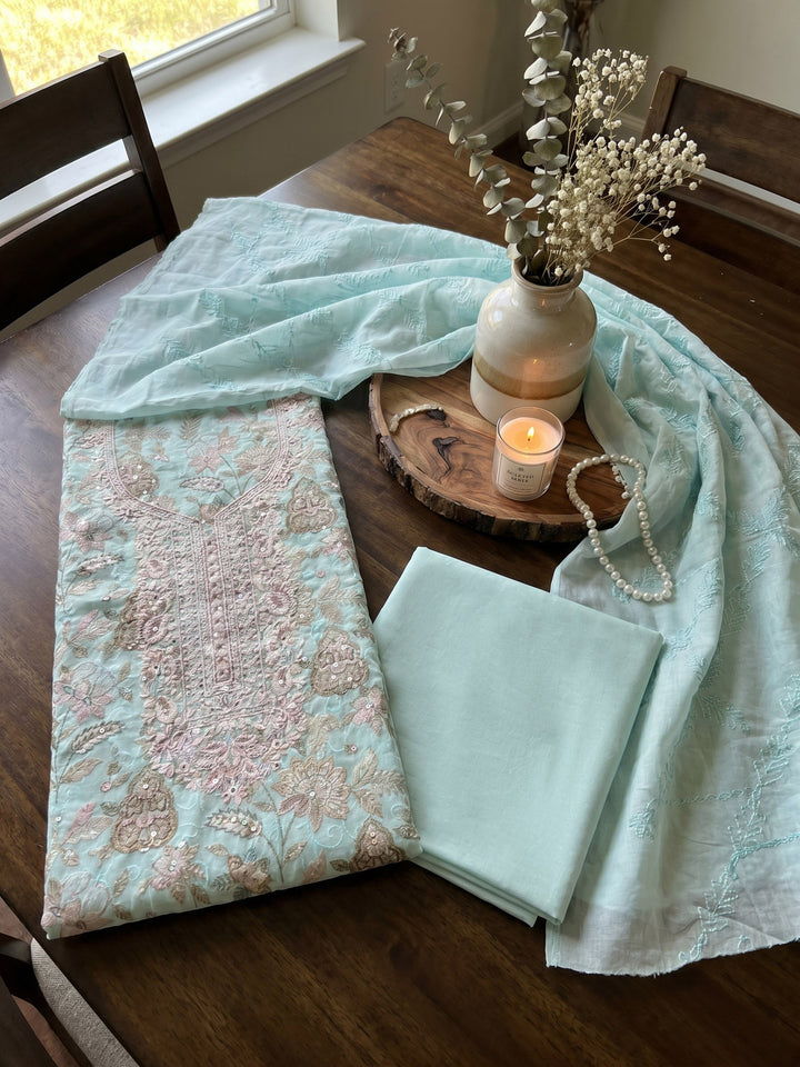 Neck Embroidered Cotton Blend Unstitched Suit With Dupatta