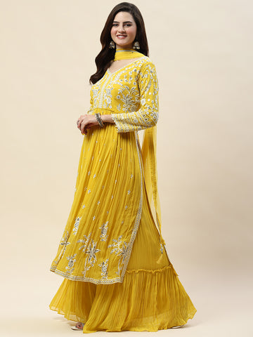 Sequin Embroidery Georgette Kurta With Sharara & Dupatta