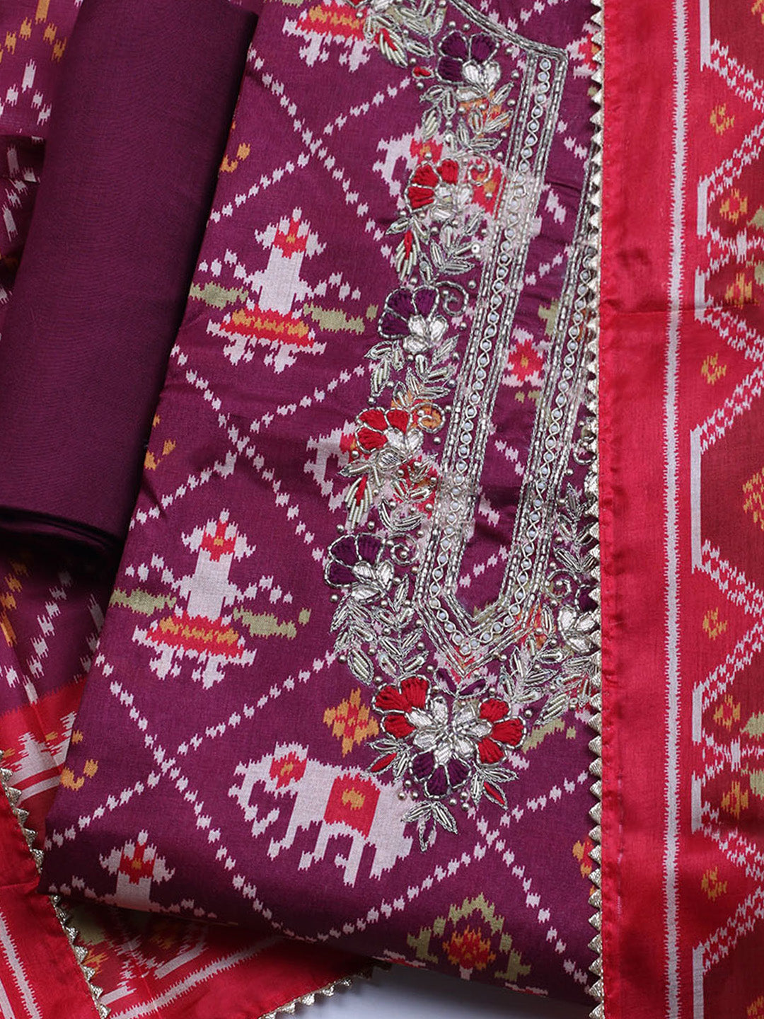Patola Printed Tussar Unstitched Suit With Dupatta