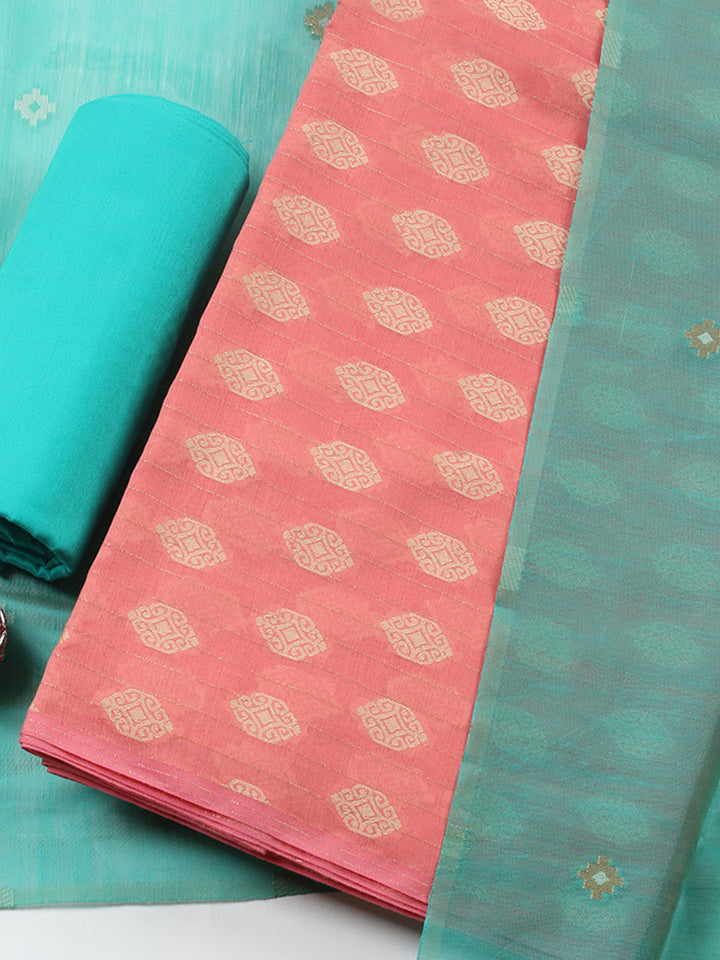 Printed Chanderi Unstitched Suit With Pant &amp; Dupatta