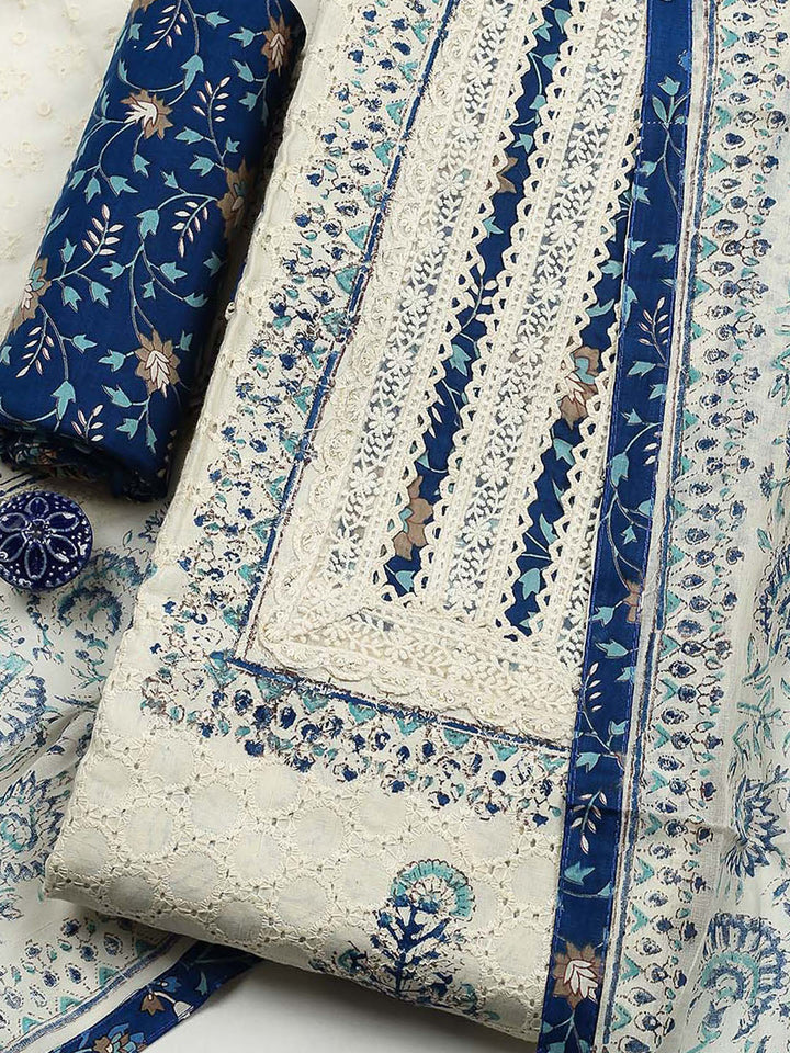 Printed Cotton Blend Unstitched Suit With Pant &amp; Dupatta