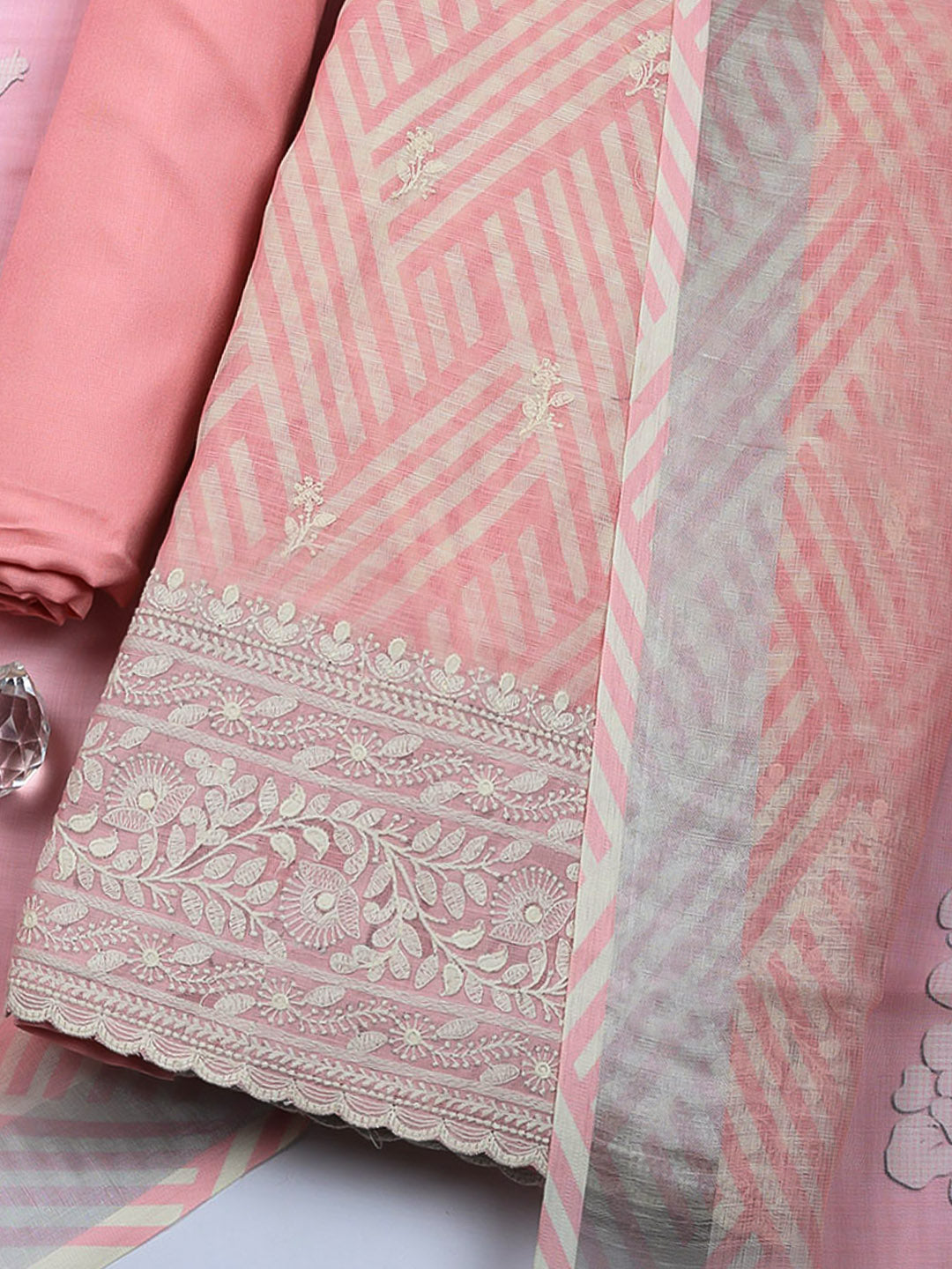 Embroidered Linen Blend Unstitched Suit With Pant &amp; Dupatta