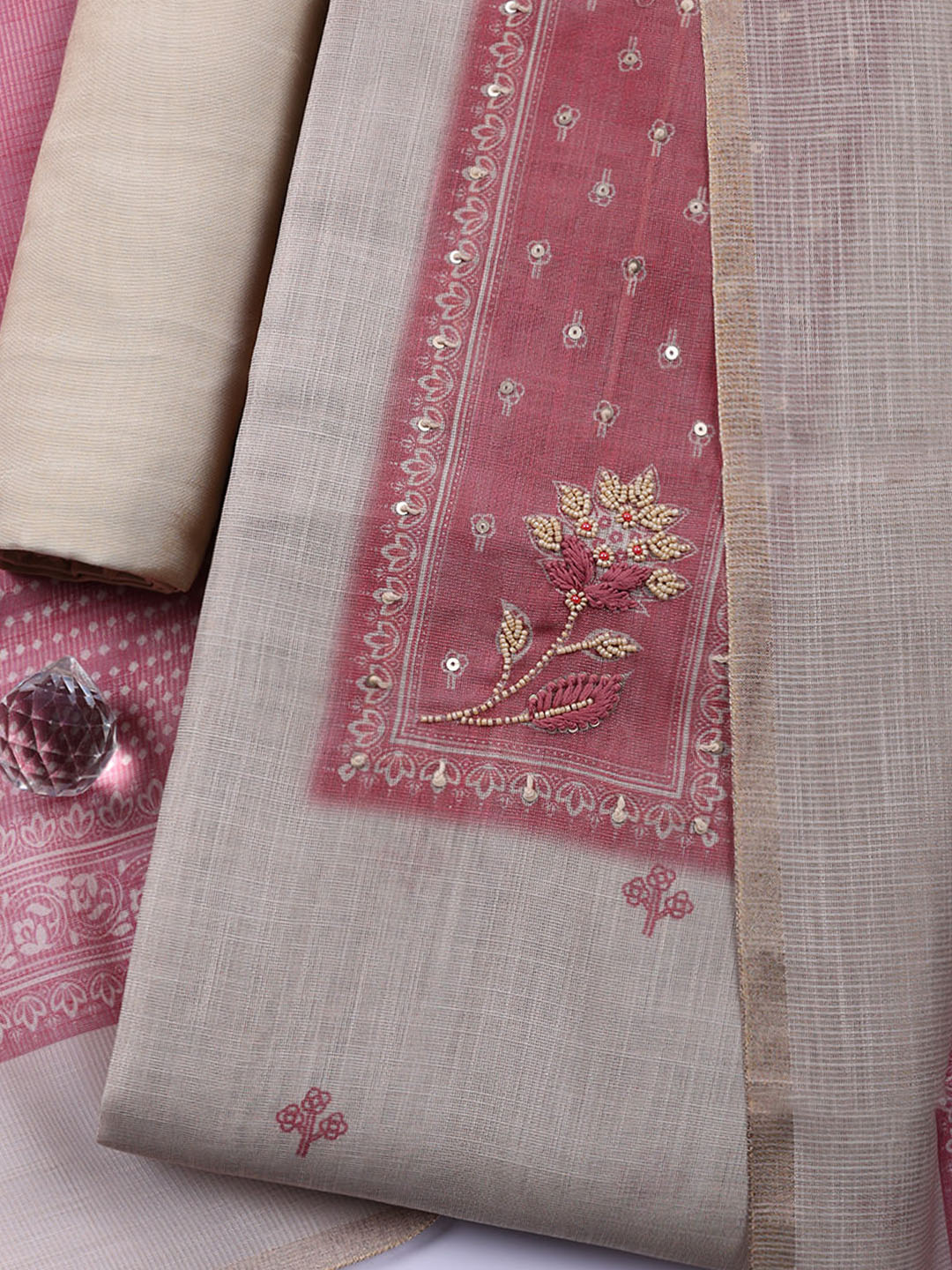 Embroidered Linen Blend Unstitched Suit With Pant Dupatta