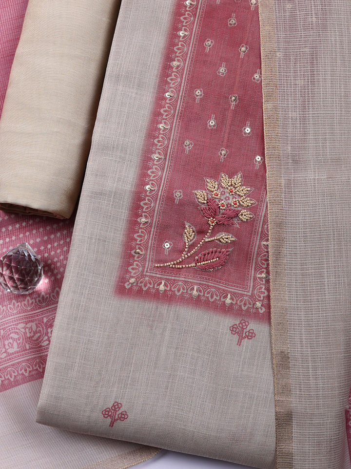 Embroidered Linen Blend Unstitched Suit With Pant Dupatta