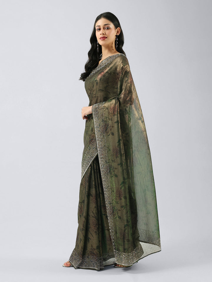 Printed &amp; Stone Border Chiffon Saree