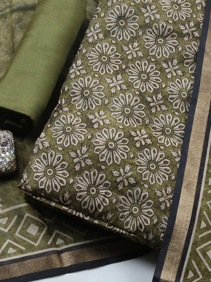 Printed Chanderi Unstitched Suit With Pant &amp; Dupatta
