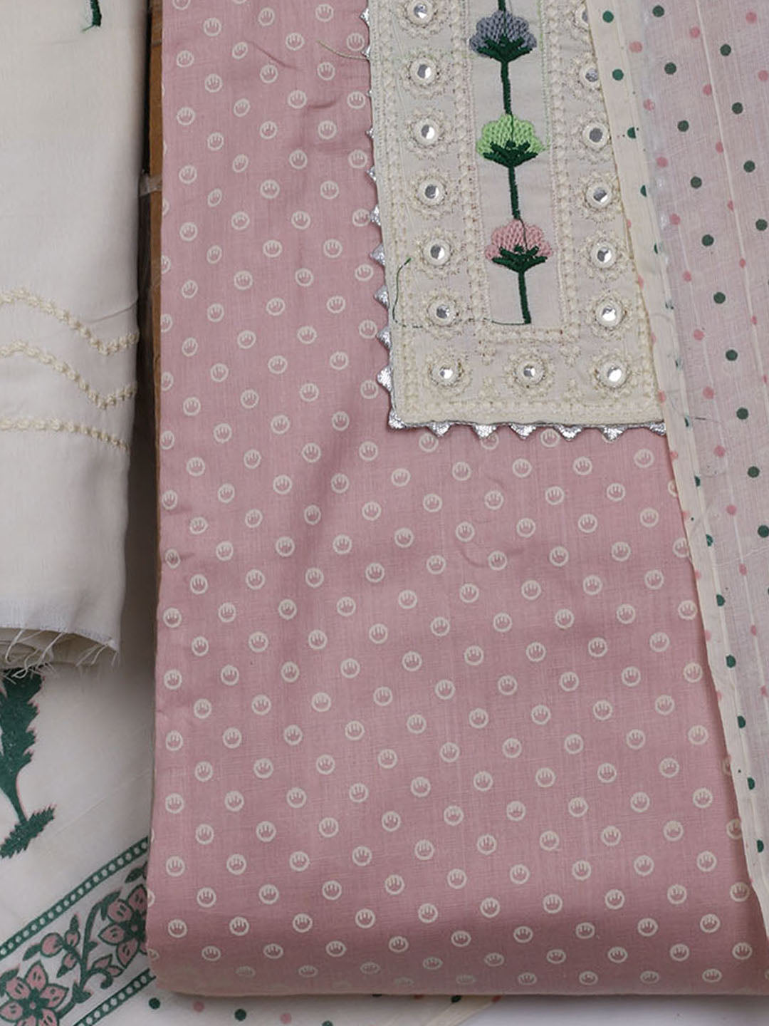 Neck Embroidered & Printed Cotton Blend Unstitched Suit With Dupatta