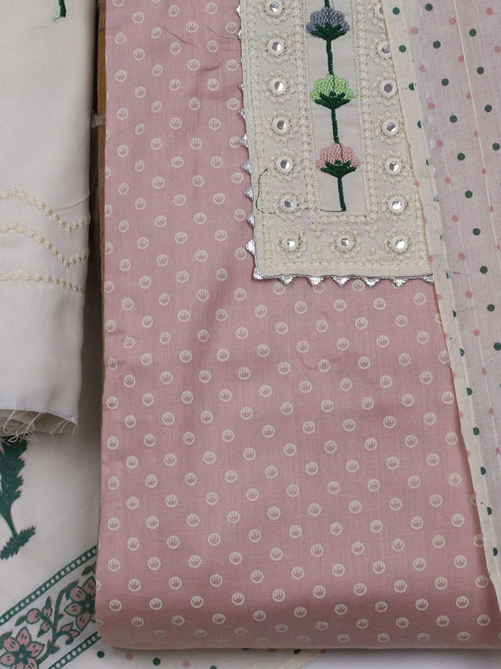 Neck Embroidered &amp; Printed Cotton Blend Unstitched Suit With Dupatta