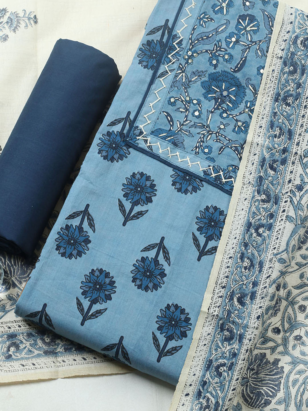 Printed Cotton Blend Unstitched Suit With Pant &amp; Dupatta