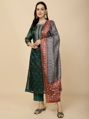 Resham Booti Embroidery Chanderi Suit Set With Dupatta