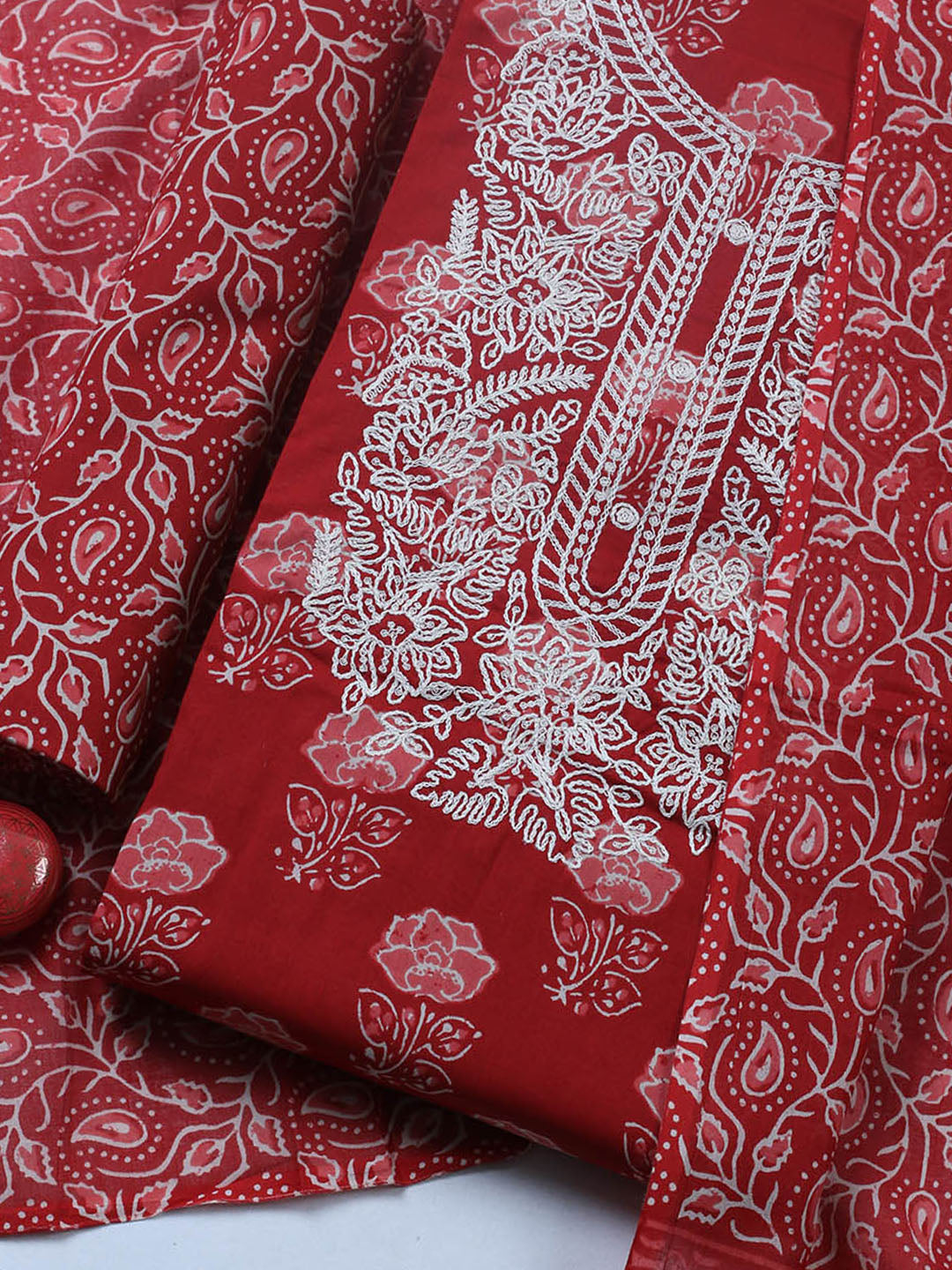 Embroidered Cotton Blend Unstitched Suit With Pant &amp; Dupatta