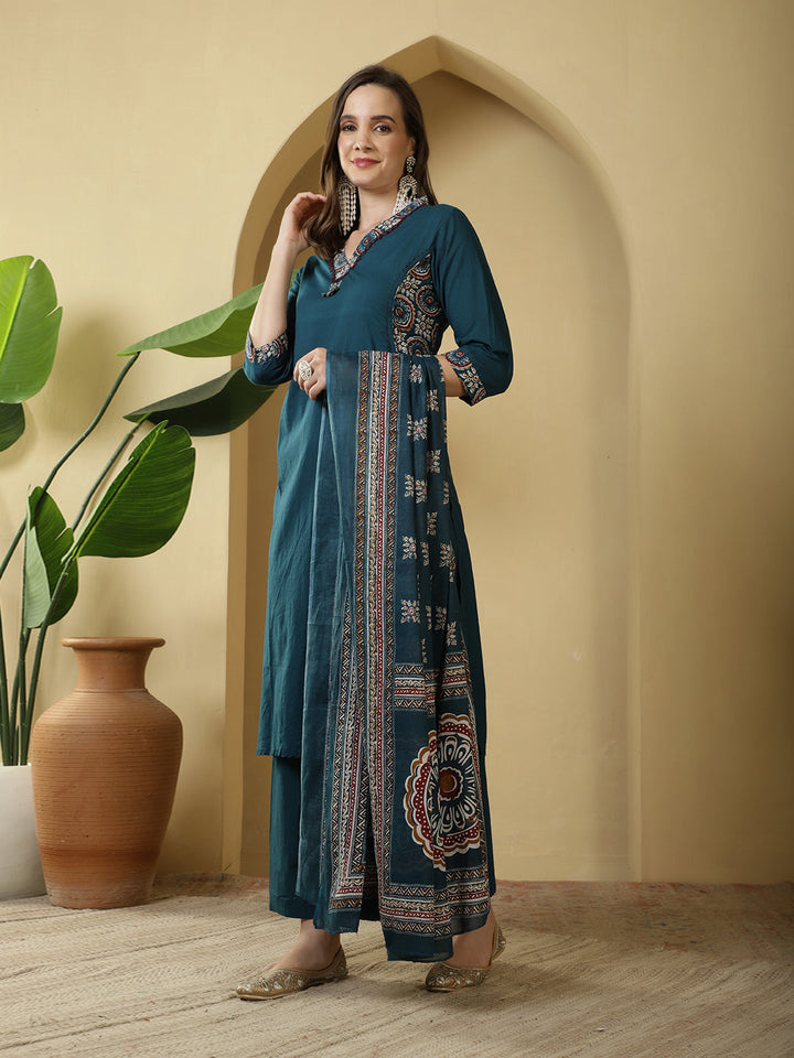 Printed Cotton Blend Kurta With Pants &amp; Dupatta