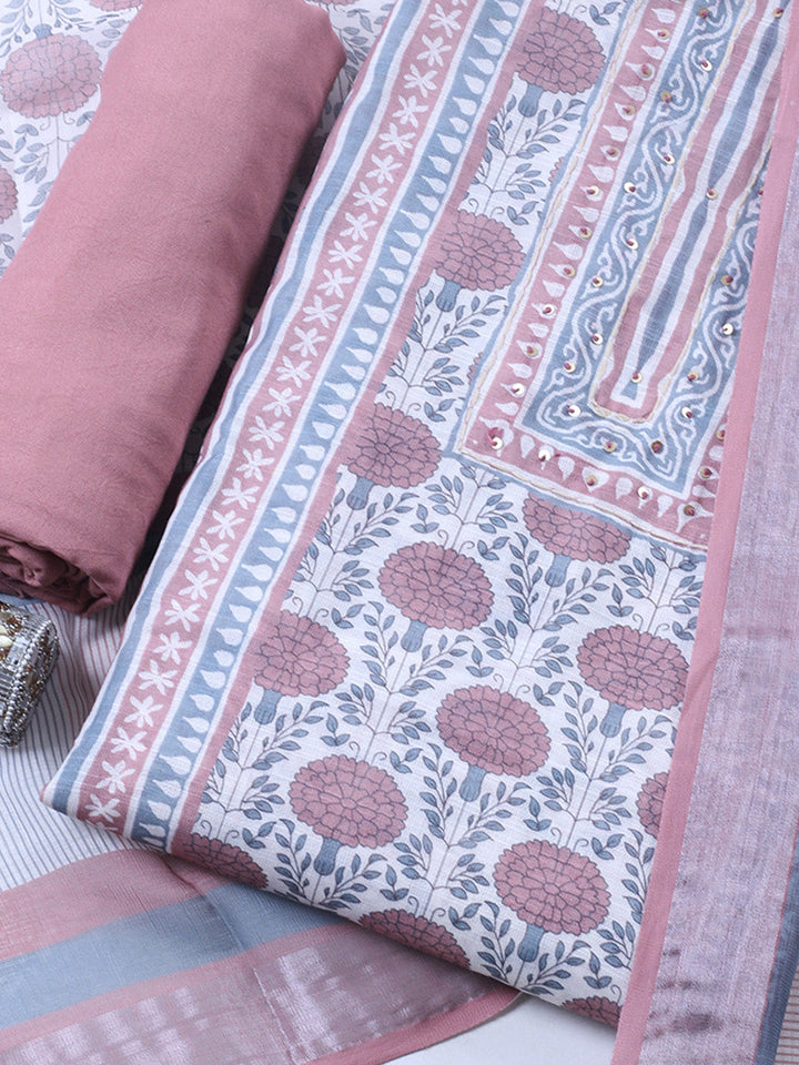 Printed Linen Blend Unstitched Suit With Pant &amp; Dupatta