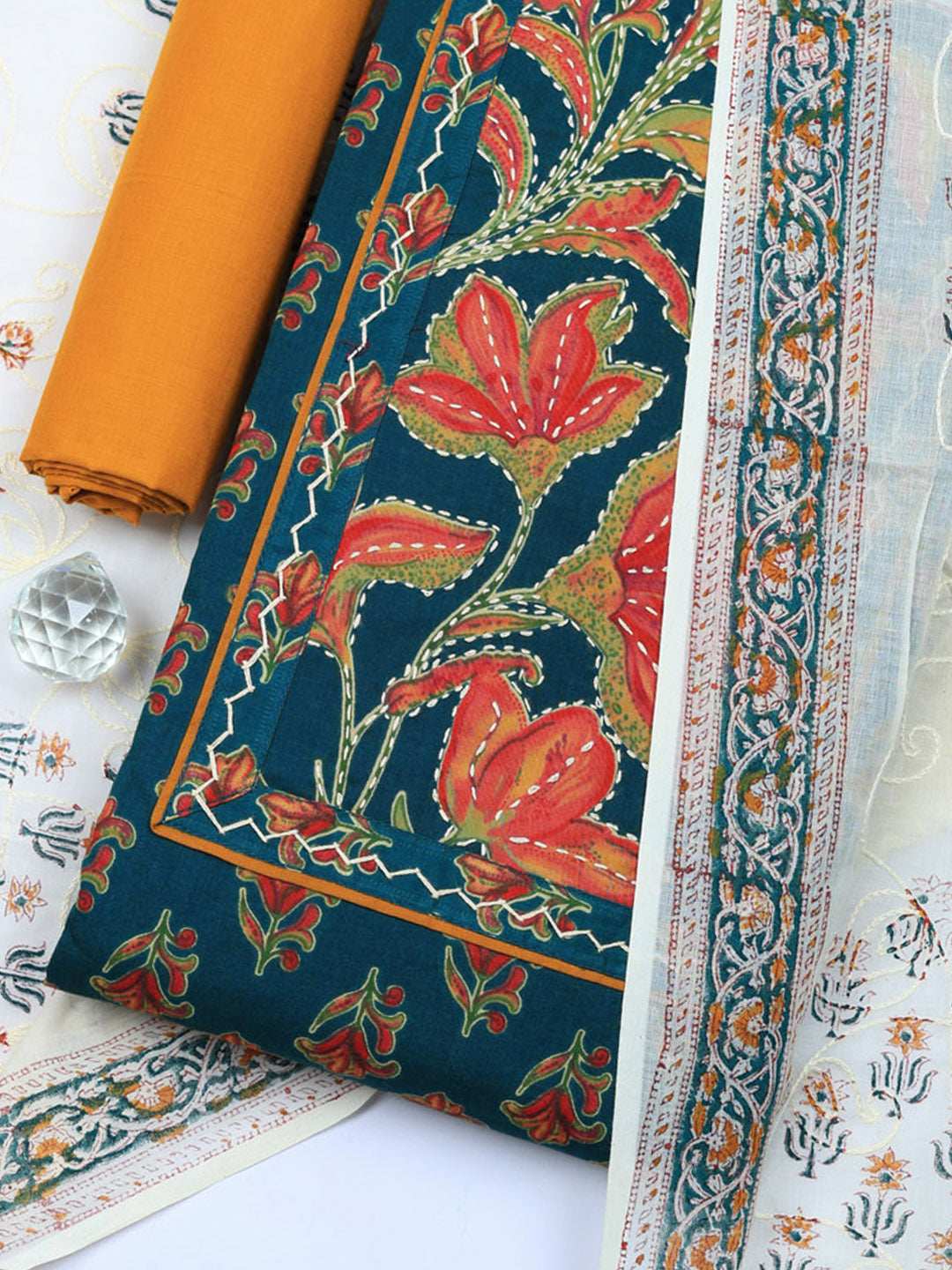 Printed Cotton Blend Unstitched Suit With Pant &amp; Dupatta