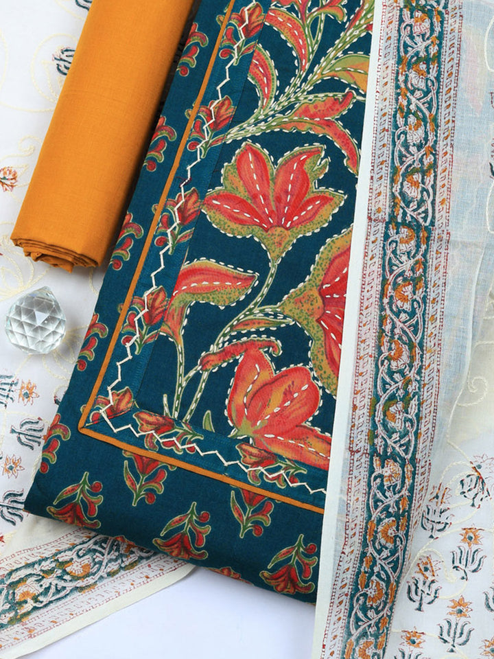 Printed Cotton Blend Unstitched Suit With Pant &amp; Dupatta