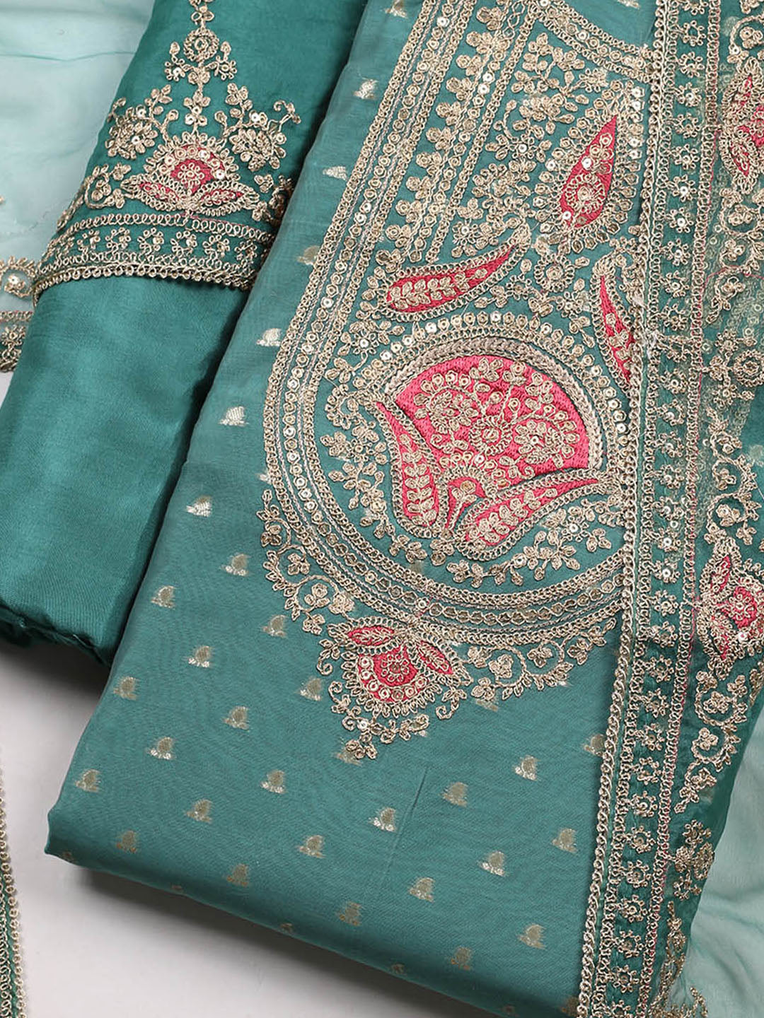 Neck Embroidered Chanderi Unstitched Suit With Dupatta